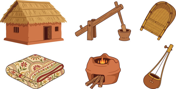 Traditional Rural Bengal Culture Vector Icon Set Featuring Thatched Mud Hut, Wooden Dheki Rice Pounder, Kula Winnowing Basket, Nakshi Kantha Quilt, Ektara, and Clay Stove