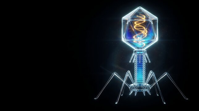3D illustration of a glowing bacteriophage virus with a crystalline structure and orange DNA spiral against a black background