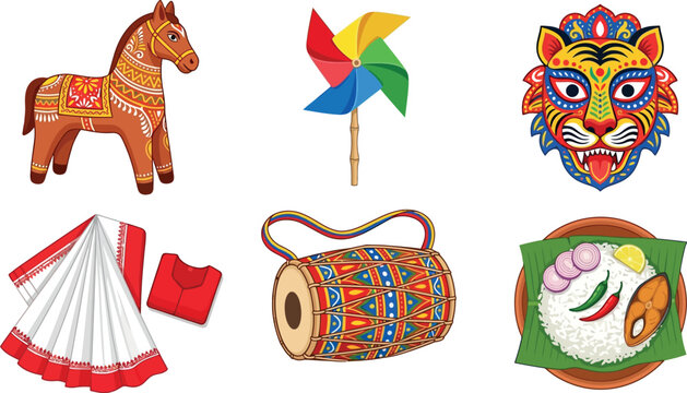 Traditional Pohela Boishakh Bengali New Year Vector Icon Set Featuring Clay Horse, Pinwheel, Tiger Mask, Red Bordered Saree, Dhol Drum, and Panta Ilish Food