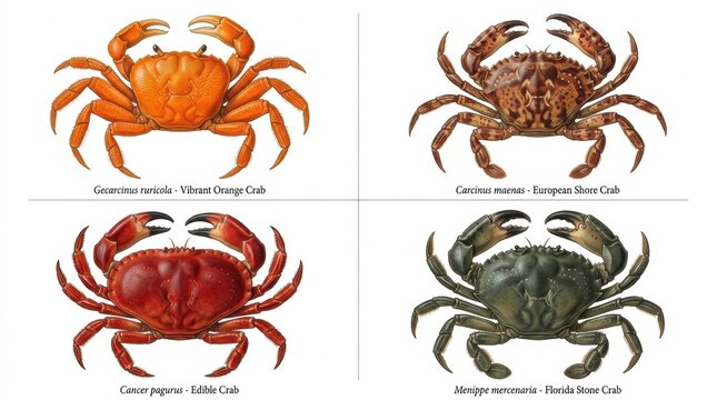 Antique zoological artwork displaying four distinct crab species each labeled with their scientific name and a measurement scale
