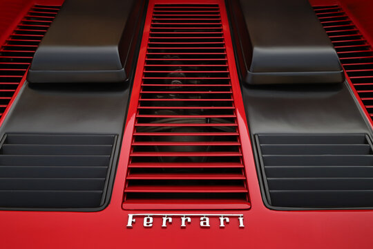 Modena, Italy, october 10 2026, Modena 100 Ore classic car competition, rear trunk lid of Ferrari Berlinetta Boxer 512 BB, bodywork detail
