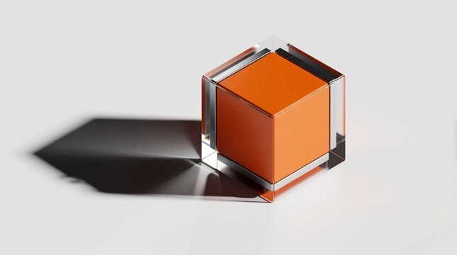 Modern orange cube inside clear glass box on white background. Sleek geometric shape with silver frame creates sharp shadow. Minimalist 3D object design for tech presentation, business concept