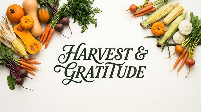 Autumn harvest of colorful vegetables and fruits with calligraphy text on white background