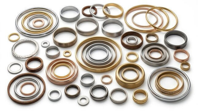 A dense arrangement of various metal ball bearings and washers is displayed against a clean white backdrop