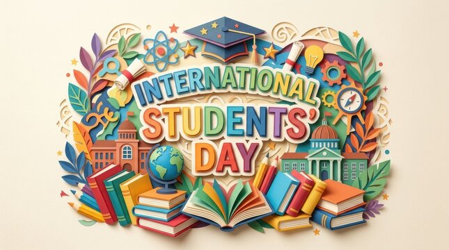 A vibrant colorful paper art display celebrates international students day featuring books a world globe and a graduation cap