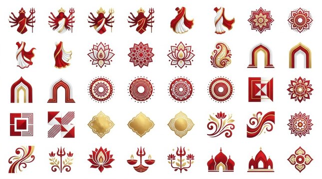 An elaborate collection of antique architectural details and richly colored decorative designs featuring reds and golds