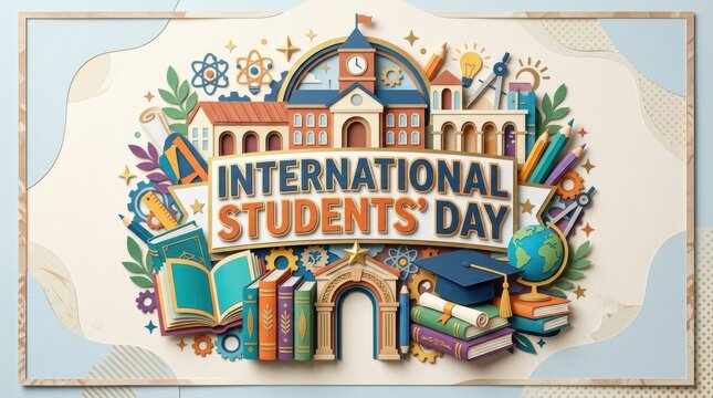 A vibrant colorful illustration celebrates international students day featuring books classic architecture and various academic learning elements