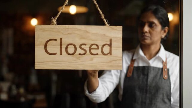 Restaurant owner in apron closing small business, holding blank wooden sign at cafe window with closed sign on storefront glass door