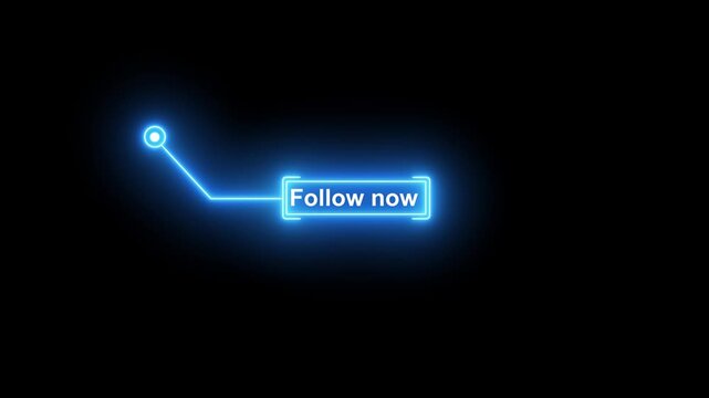 Neon blue hud callout with glowing pointer for digital interface and data visualization Follow now batton animated on transparent background.