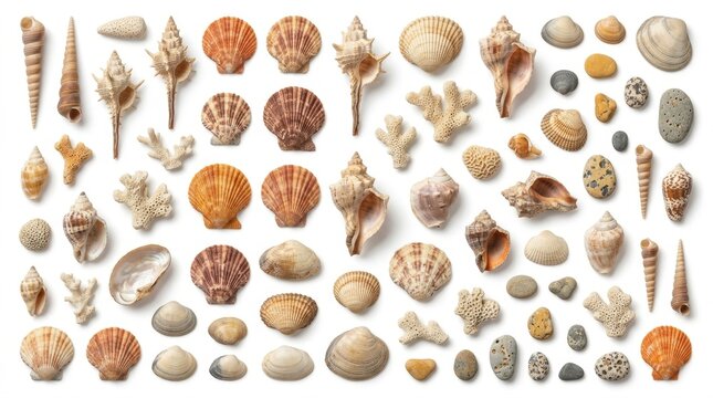 Vintage illustration of a diverse collection of seashells and marine life specimens on a neutral background