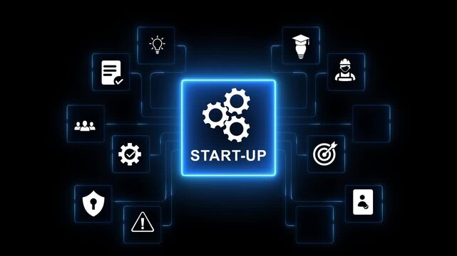 Rectangle squre box in Star-up Gear animation with 3 rotating gears of different sizes. with neon toolbox small neon box and icons animated on transparent.