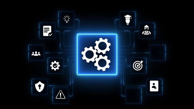 Gear animation with 3 rotating gears of different sizes. with neon toolbox small neon box and icons animated on transparent.