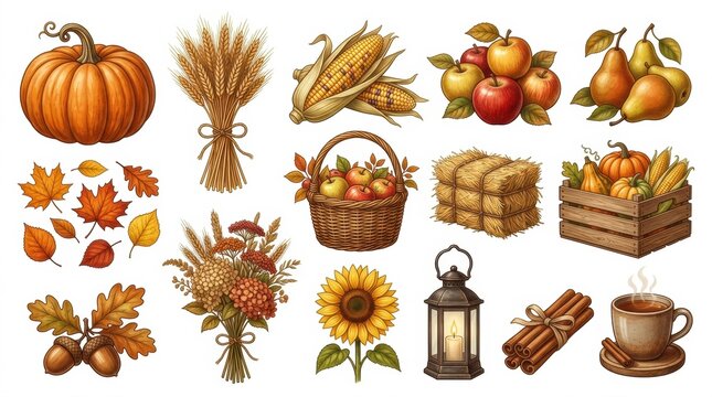 A beautiful autumn harvest collection with pumpkins golden wheat ripe apples juicy pears vibrant sunflowers and charming rustic details