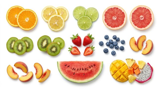 Vibrant and colorful assortment of fresh cut fruits arranged on a white surface for healthy eating
