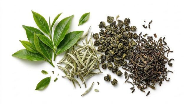 Assortment of tea leaves including green tea black tea and white tea varieties on a white background
