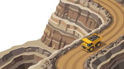 Heavy Duty Mining Dump Truck Navigating Quarry Road. © Tiaphari