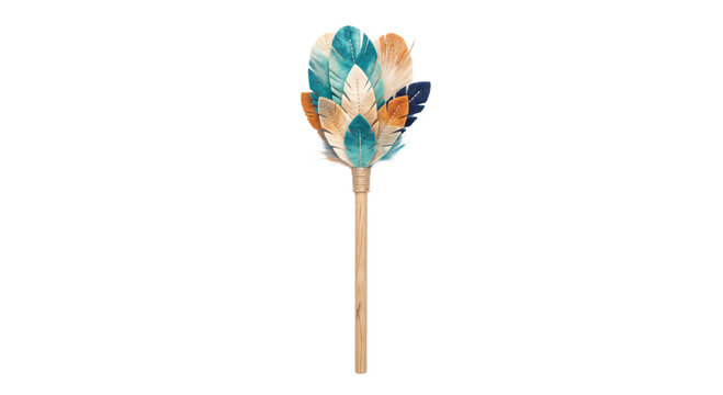 Decorative felt feather wand with teal and orange accents on a wooden handle isolated on white