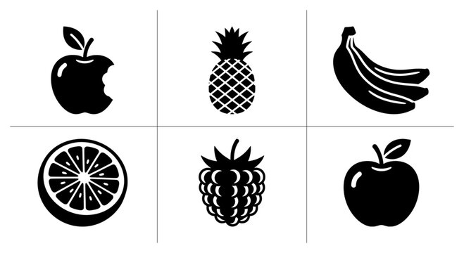 Fruit icons set with apple, pineapple, banana, orange slice, raspberry and apple for healthy eating and food logos
