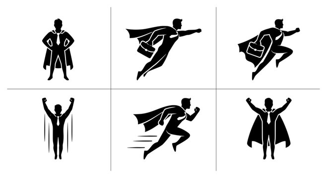 Business superhero silhouettes set with flying and running figures, male executives for success