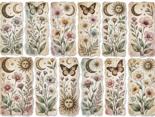 Fototapeta premium Vintage botanical collage with torn paper strips. Retro floral design features wildflowers, butterflies, moons, sun motifs. Aesthetic celestial elements like stars, constellations decorate antique