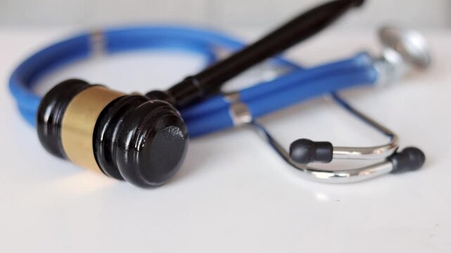 Judge's gavel and stethoscope on a white background, symbolizing medical law, healthcare regulations, professional ethics, malpractice litigation, and patient rights.