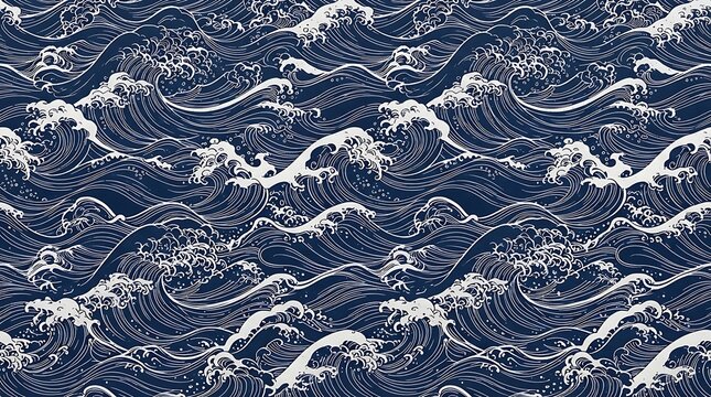 Dramatic ocean waves crashing with white foam in a turbulent blue seascape