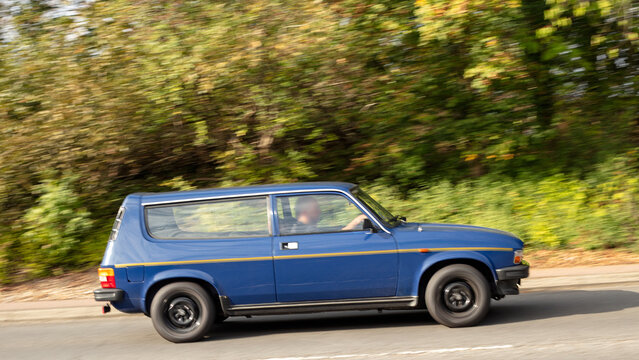 Milton Keynes; UK - Sept. 27th 2026:  1981 blue Austin Allegro  classic car driving on a British road