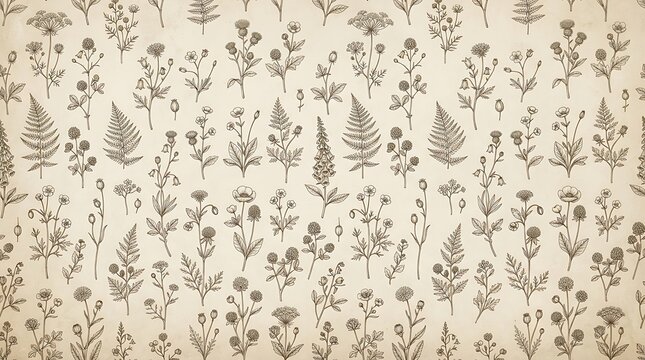 Vintage botanical illustration of wildflowers and grasses on a neutral background