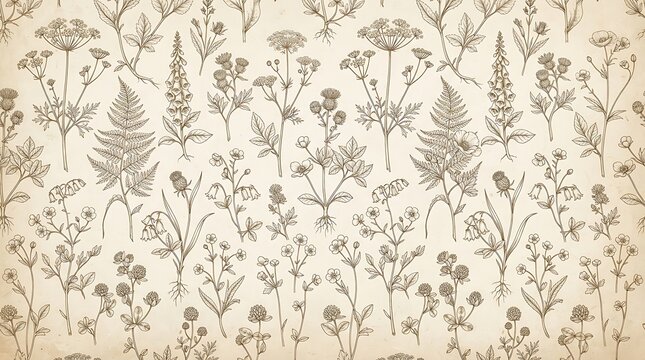 Delicate floral pattern with sketched botanical illustrations on a neutral beige background