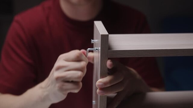 Closeup hands of unrecognizable person in red shirt assembles light wood furniture. Close-up on hands using Allen key to tighten screw, applying cover cap to finish joint. Shooting in slow motion.