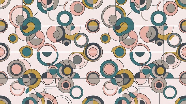 Abstract seamless pattern with colorful overlapping circles and geometric shapes on a soft light background