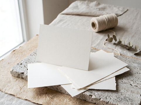Blank white greeting cards with twine on a rustic wooden table mockup