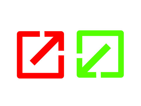 Red outward arrow and green inward arrow symbols representing entering and exiting, input and output, navigation, direction, and transfer actions. 