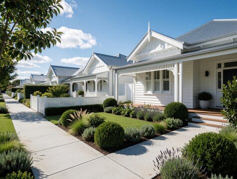 Sunny suburban street with white modern houses, neat gardens. Row of luxury residential homes features manicured lawns, green bushes, clean sidewalks. Beautiful neighborhood architecture under blue