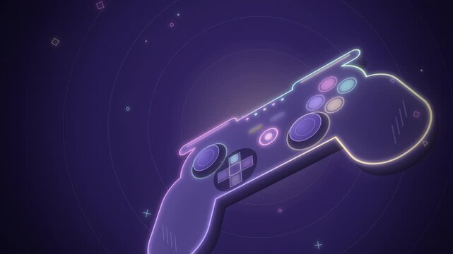 Angled pastel neon game controller with victory burst on purple