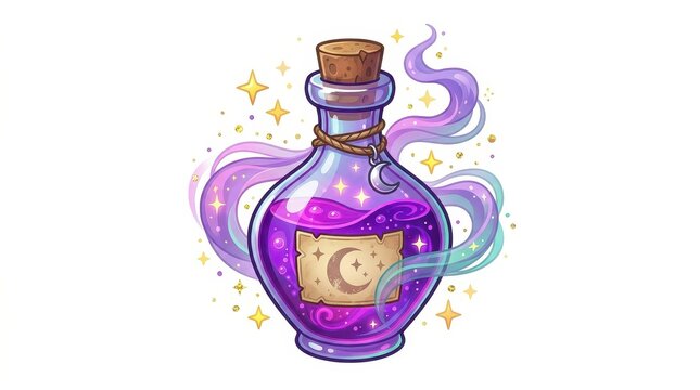Magical purple potion bottle with a crescent moon label and swirling mystical smoke isolated on a white background