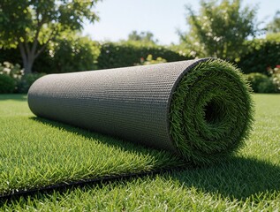 Naklejka premium Roll of green artificial turf on backyard lawn. New synthetic grass mat for garden landscaping renovation. Home improvement project involves installing fake grass surface for exterior yard design.