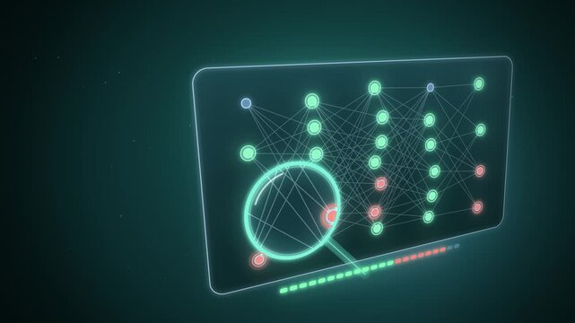 Magnifier marking neural network nodes green or red on tilted card