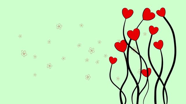 Animated Red Heart Flowers Growing on Light Green Background Motion Graphic
