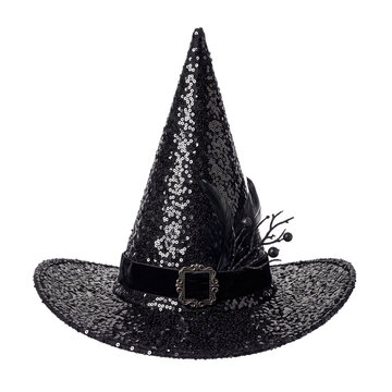 Sombrero de bruja cin lentejuelas negras, hebilla met&aacute;lica y murcielago de plastico con ramas, sobre fondo blanco o sin fondo