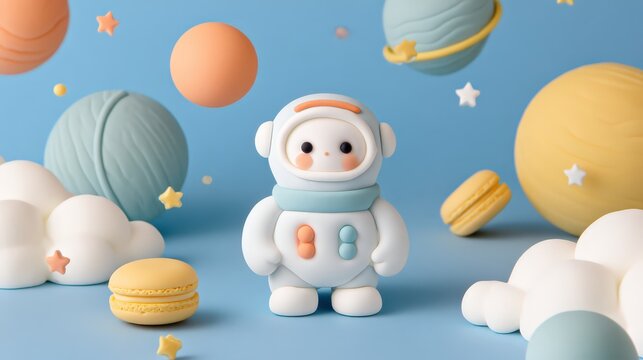 Cute astronaut character surrounded by colorful planets, clouds, stars, and macarons in a whimsical space-themed scene.
