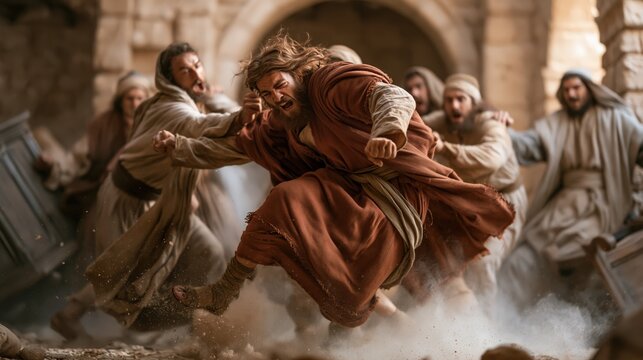 Possessed man overpowering the sons of Sceva inside an ancient stone house, exposing false authority and misplaced confidence.