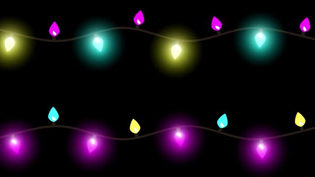 Abstract realistic two lines of colorful Christmas garland lights flashing, glowing dual string fairy lamps transparent 4K light overlay video asset