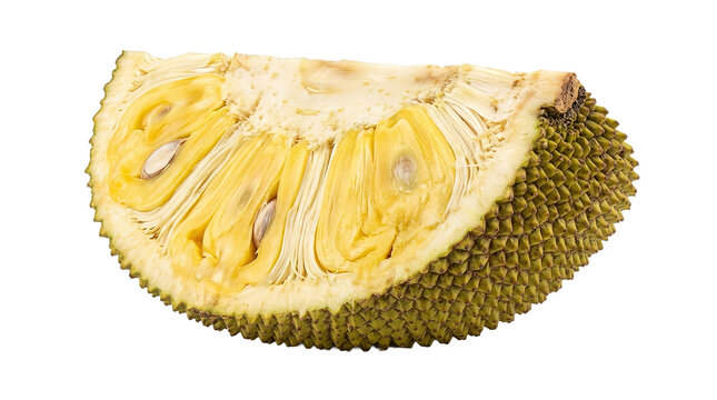 Fresh half jackfruit showing seeds and spiky skin on white background