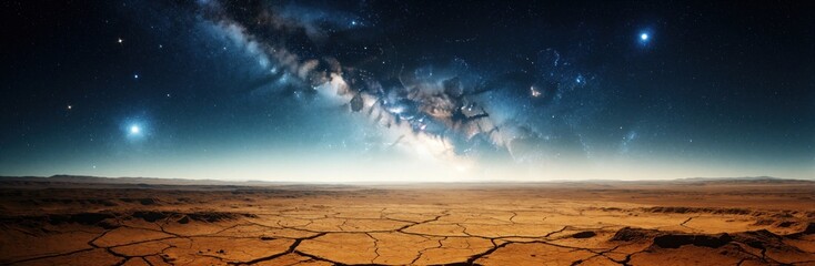 Fototapeta premium Wide panorama of milky way galaxy over dry cracked desert land. Bright stars, nebula glow in dark night sky above barren wasteland. Cosmic space background shows celestial light above empty sand