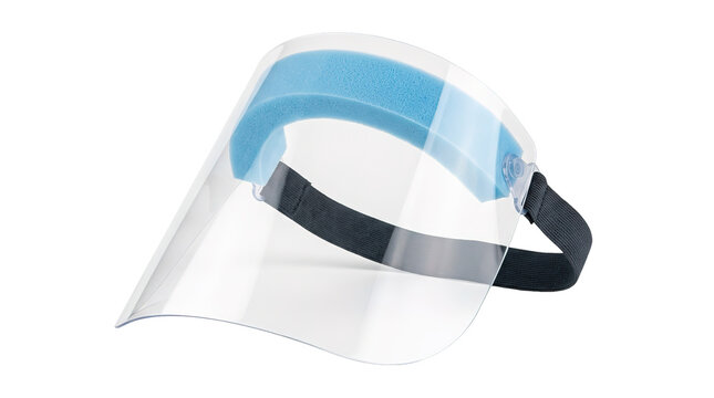 Clear protective face shield with adjustable strap and blue foam padding