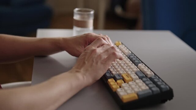 Male hands typing on custom mechanical keyboard with colorful keycaps, taking break to drink water from glass, concept work from home, office productivity concept, close-up, cropped shot, slow motion.