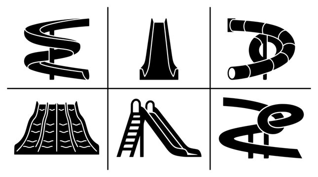 Water slide silhouettes set with spiral, straight, tube, multi-lane and ladder slides for amusement park signage