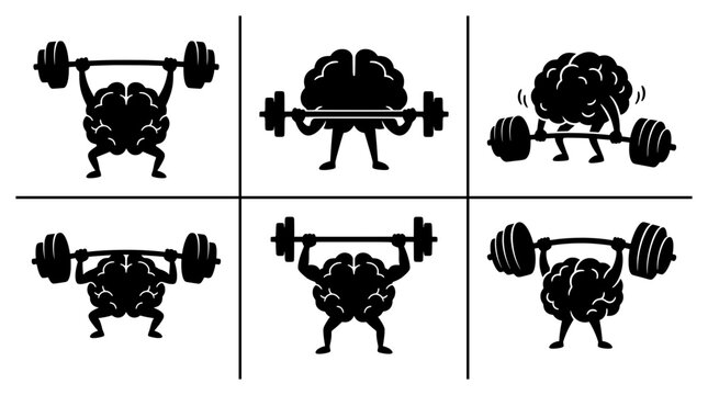 Brain character silhouettes set lifting weights, fitness and mental strength for logo