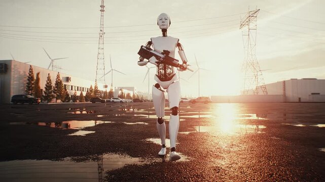 An armed humanoid robot walks outdoors in front of a modern data center building, depicting a fictional robot uprising, artificial intelligence threat, autonomous machines and a dystopian future.